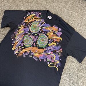 Vintage Abstract Swirl Graphic‎ Black T-Shirt XL Tee Jays Made in USA 90's